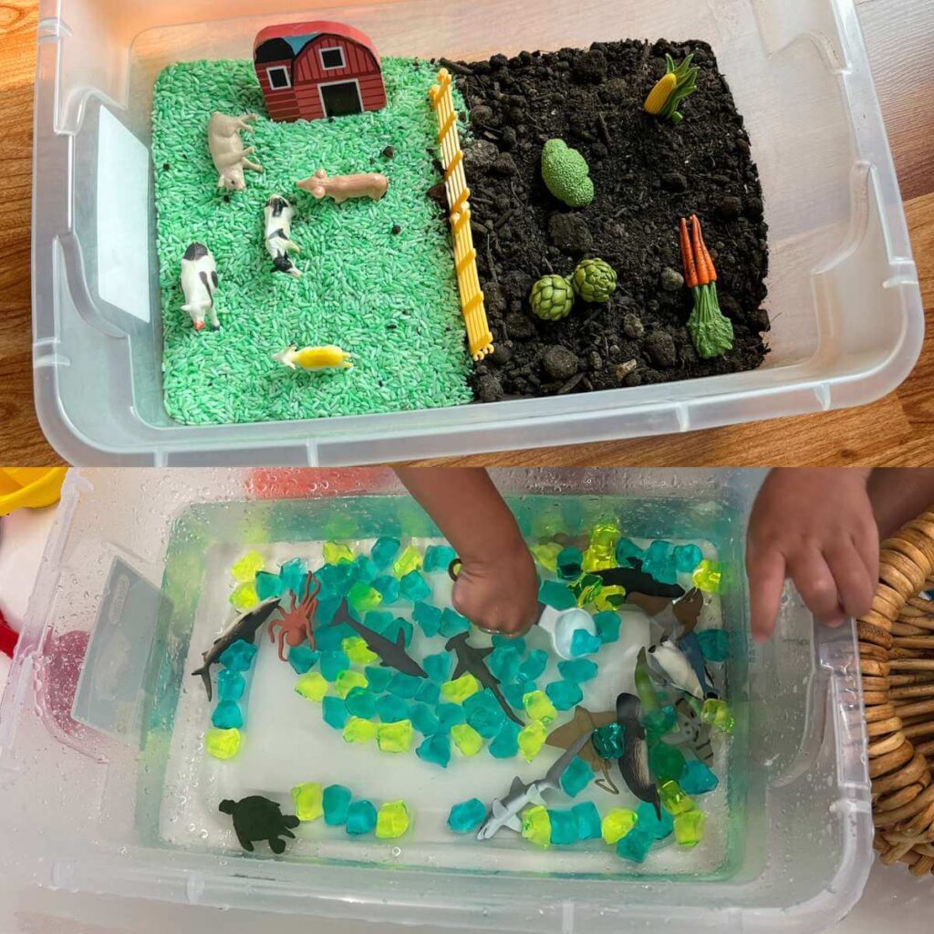 farm and ocean themed sensory bins